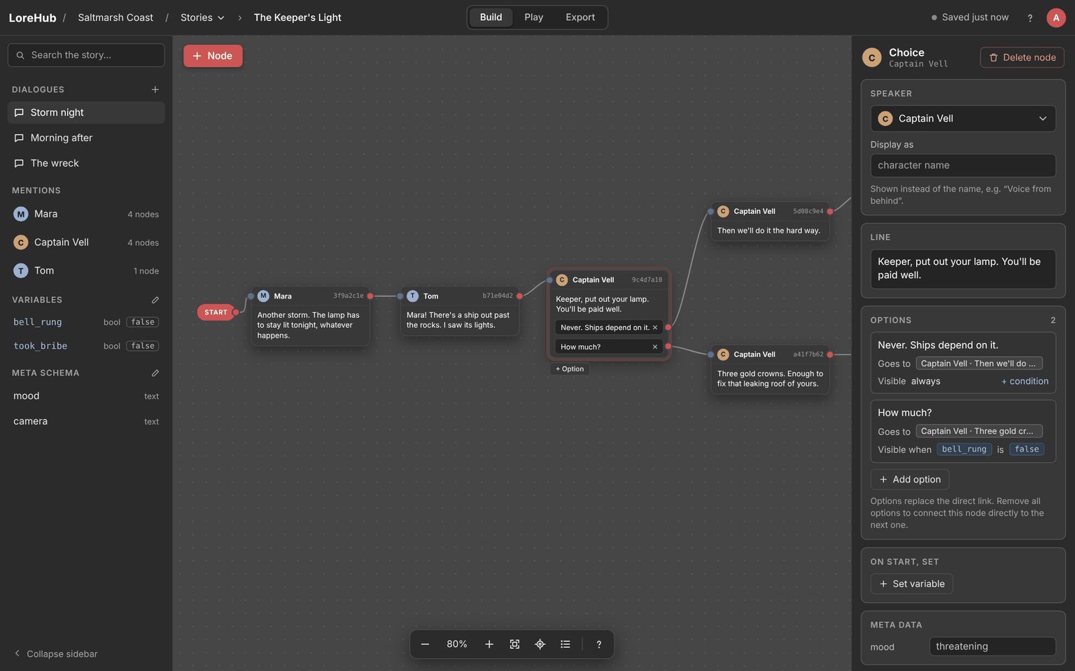 After: top bar with Build, Play and Export, Explorer on the left, canvas in the middle, inspector on the right