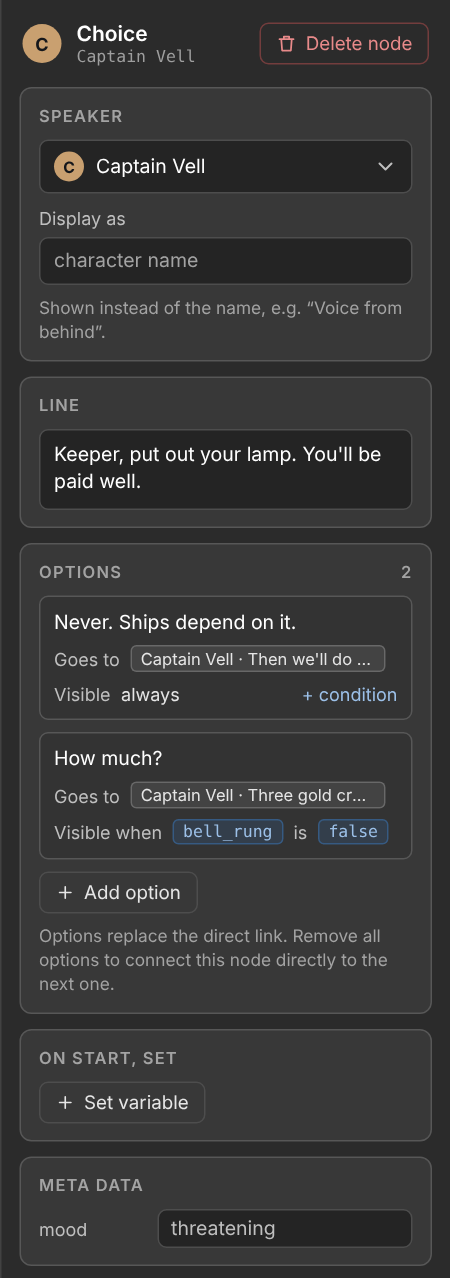 After: the inspector with labelled sections for speaker, line and options