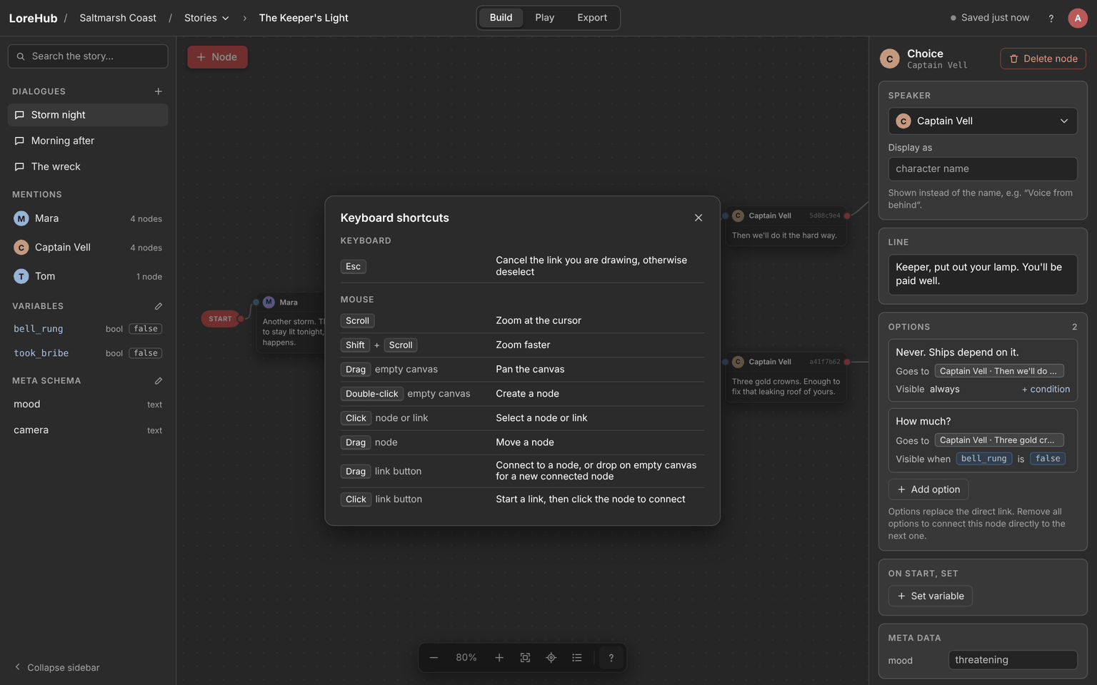 The shortcuts card lists every mouse and keyboard action on the canvas