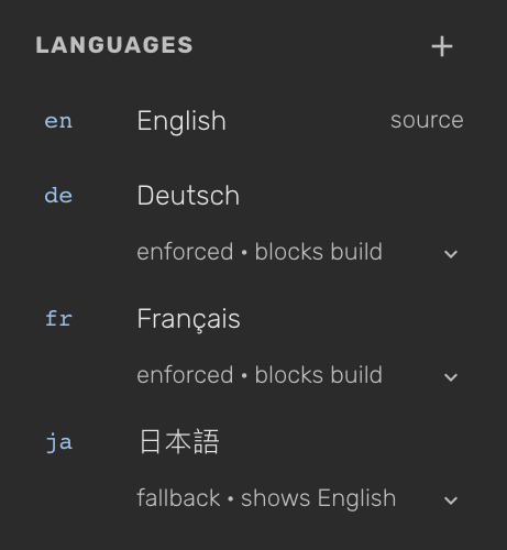 The Languages section in the Explorer: English as the source, German and French enforced, Japanese falling back to English