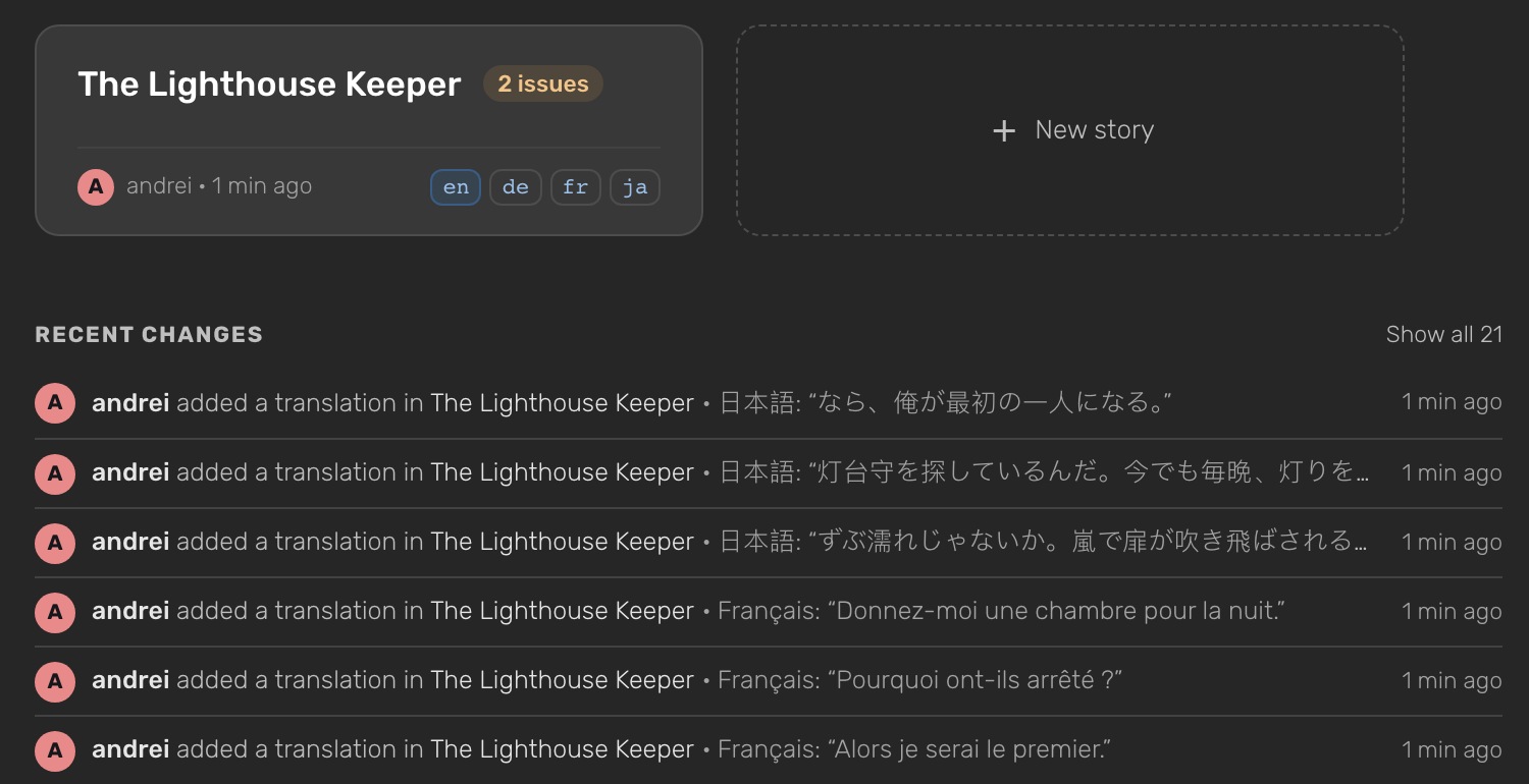 A story card with the en, de, fr and ja chips, and translations listed in Recent changes