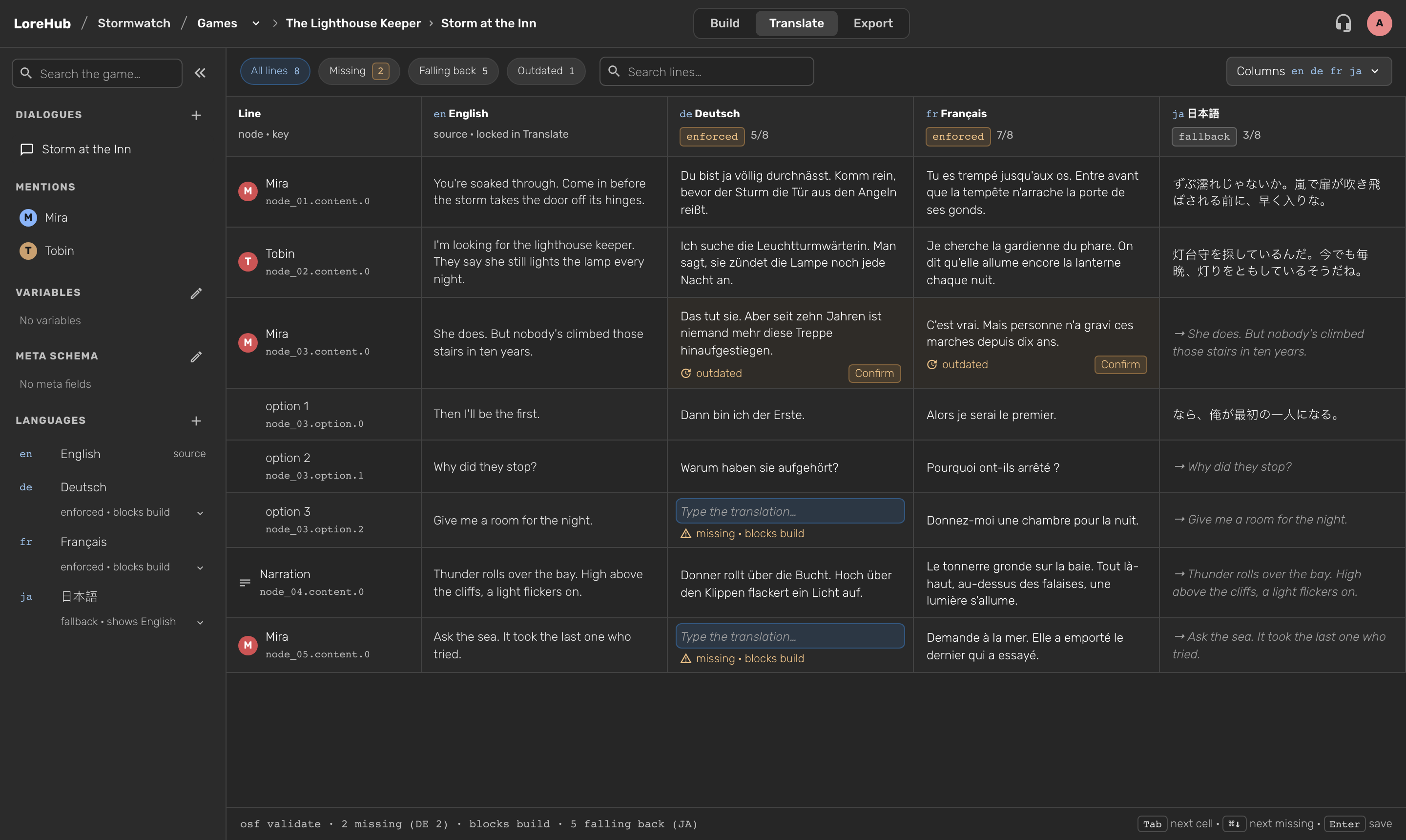 The Translate tab: one row per line and option, the English source on the left and a column for German, French and Japanese