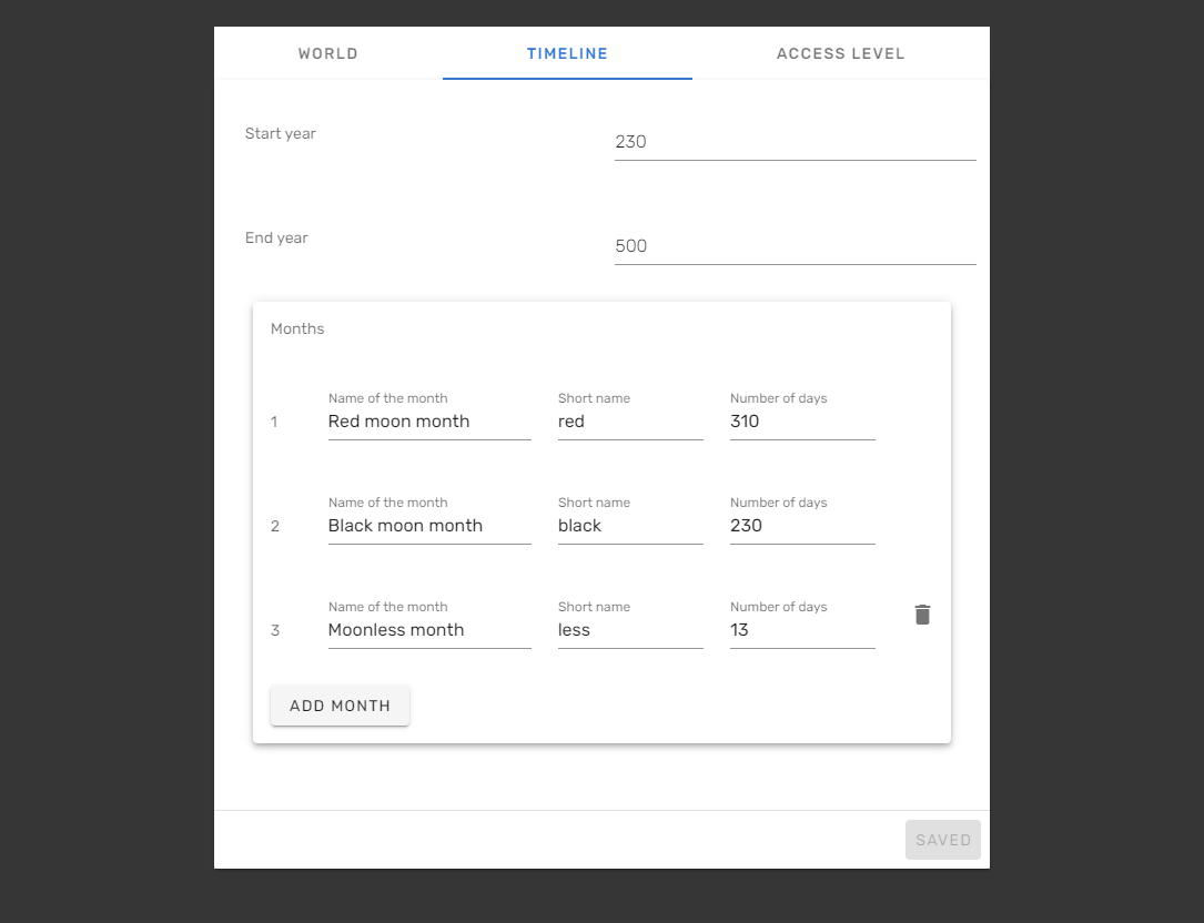 World timeline settings with a custom calendar: a start and end year and three named months, each with its own number of days