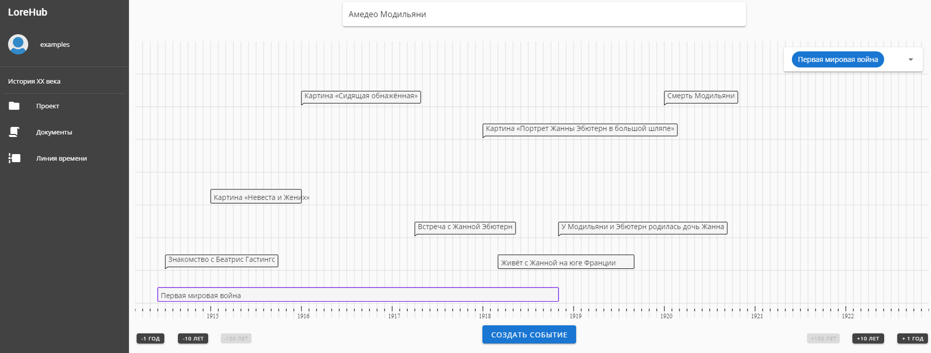 A later LoreHub timeline where events from the Modigliani document line up against a second document, the First World War, shown as a long bar